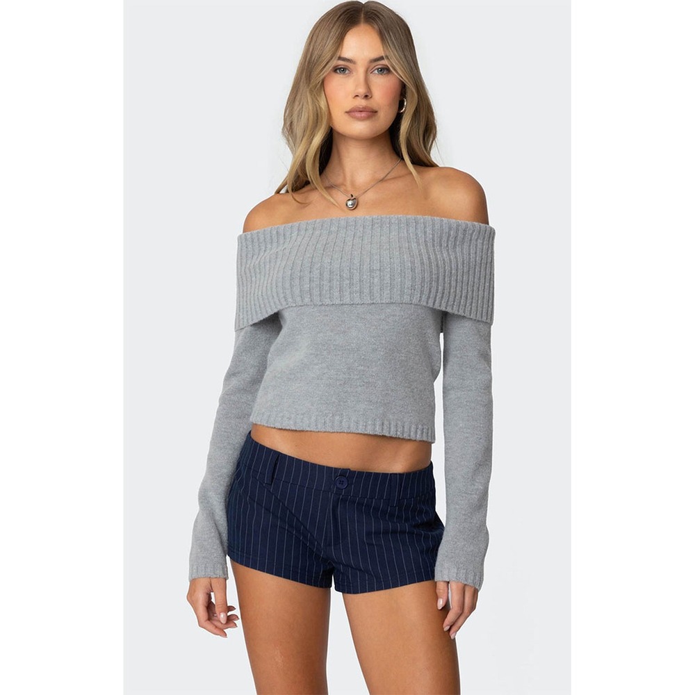 EDIKTED Tamara Grey Off Shoulder‎ Ribbed Knit Cropped Sweater Long Sleeve